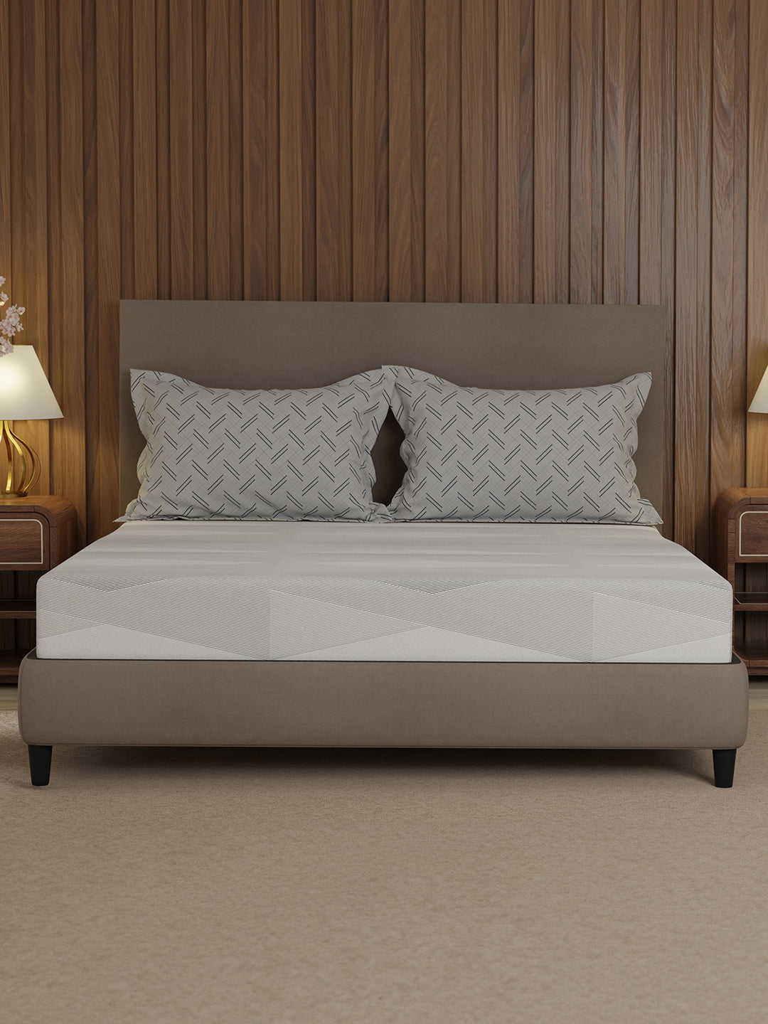 100% Cotton 200 TC, Grey Geometric Print, King Fitted Sheet with 2 Pillow Covers, Valatia Collection