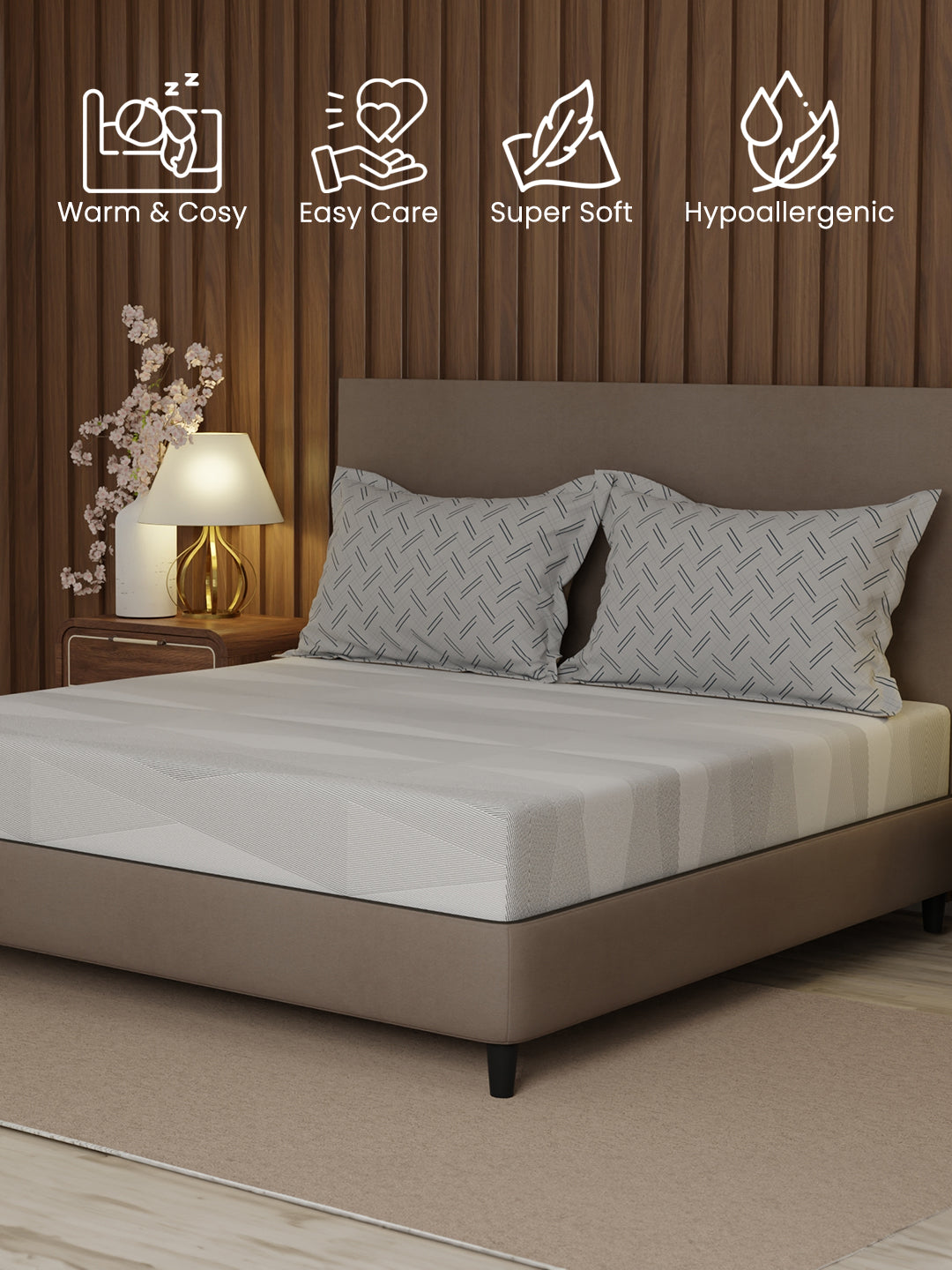 100% Cotton 200 TC, Grey Geometric Print, King Fitted Sheet with 2 Pillow Covers, Valatia Collection