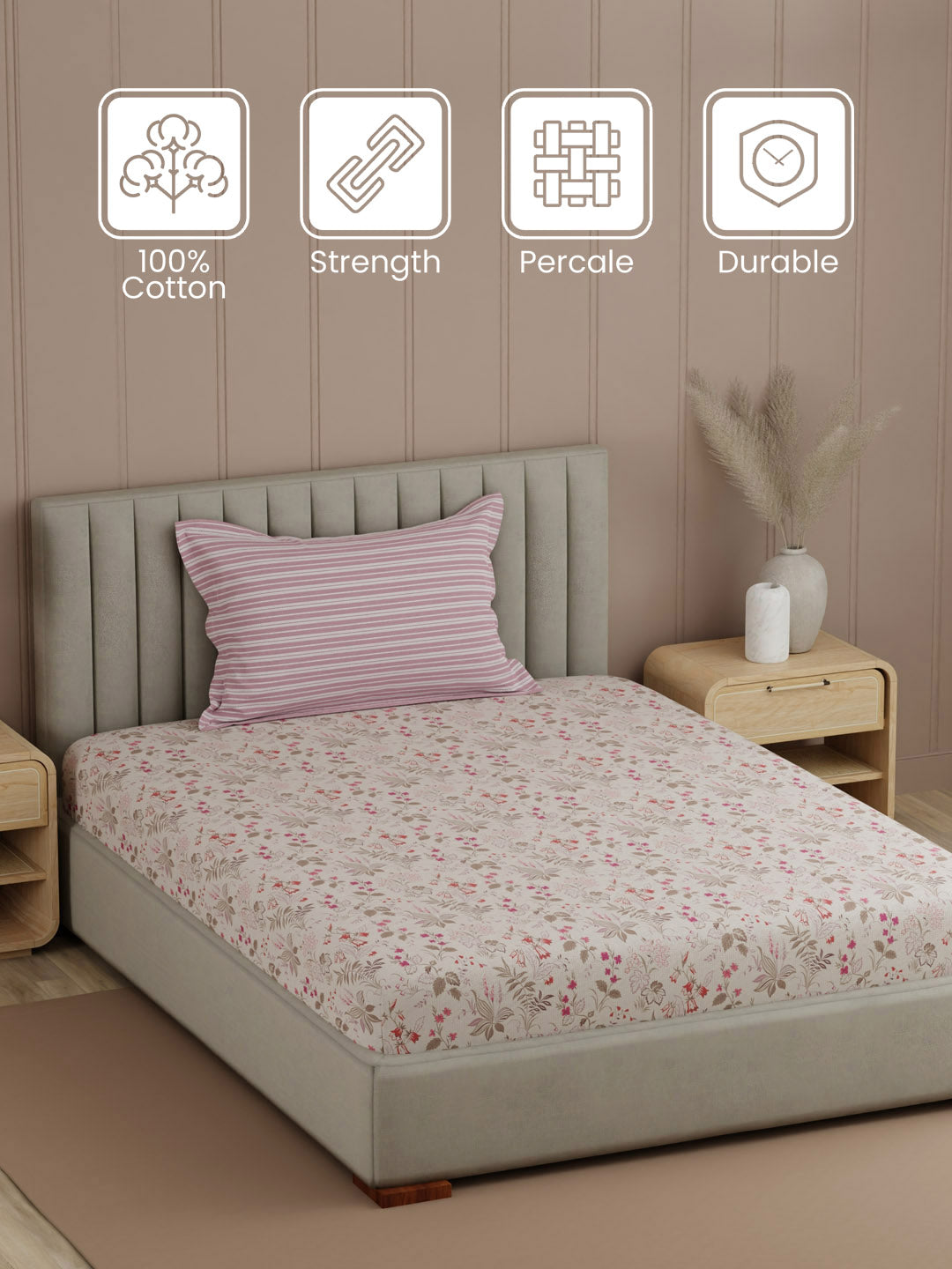 Valatia 100% Cotton 200 TC Single Bedsheet with 1 Pillow Cover | Printed Bedsheet Set
