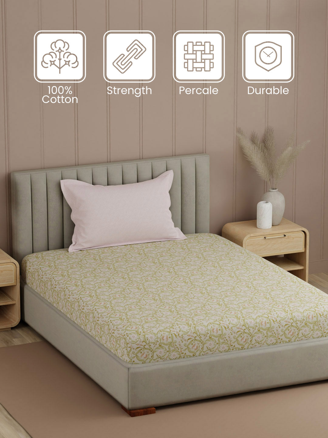 100% Cotton, 200 TC Printed Single Bedsheet Set, Valatia