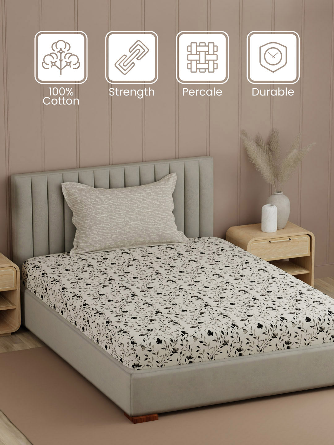 100% Cotton, 200 TC Printed Single Bedsheet Set, Valatia