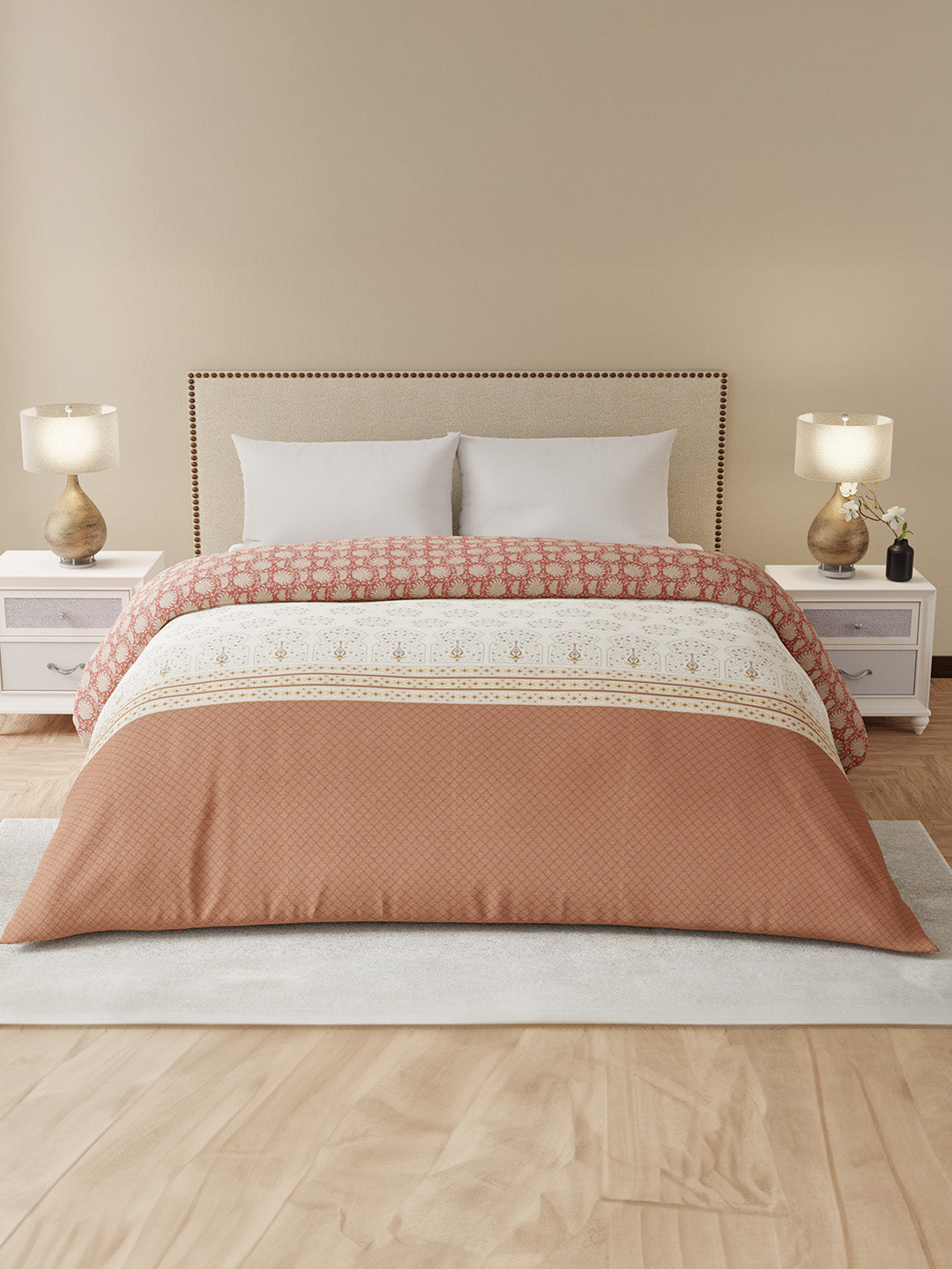 Double Size Reversible Comforter, 100% Cotton Brown Floral, (2.74 m L x 2.29 m W), For Mild Winter, All Season Valatia Collection