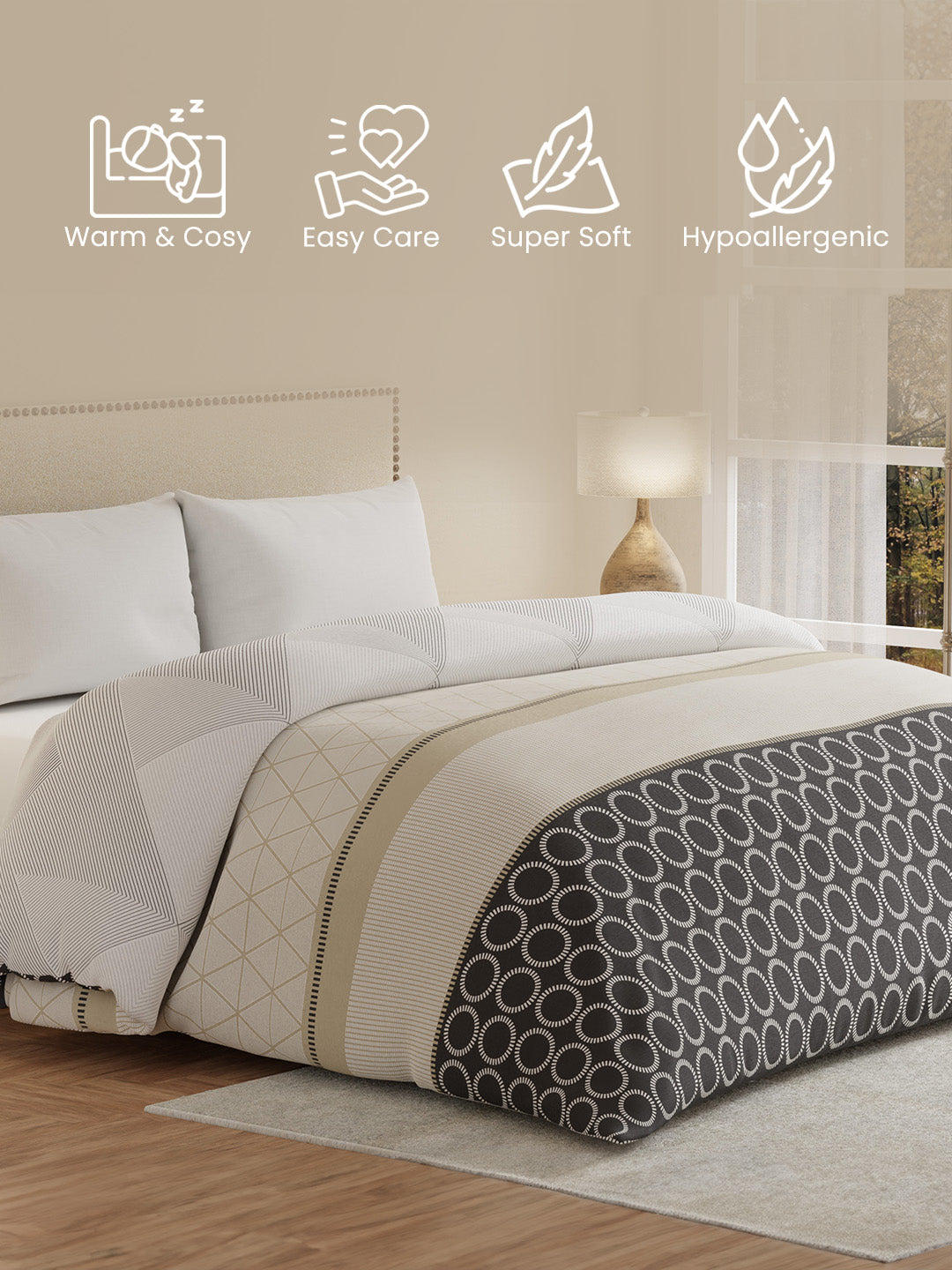 Double Size Reversible Comforter, 100% Cotton Grey Geometric, (2.74 m L x 2.29 m W), For Mild Winter, All Season Valatia Collection