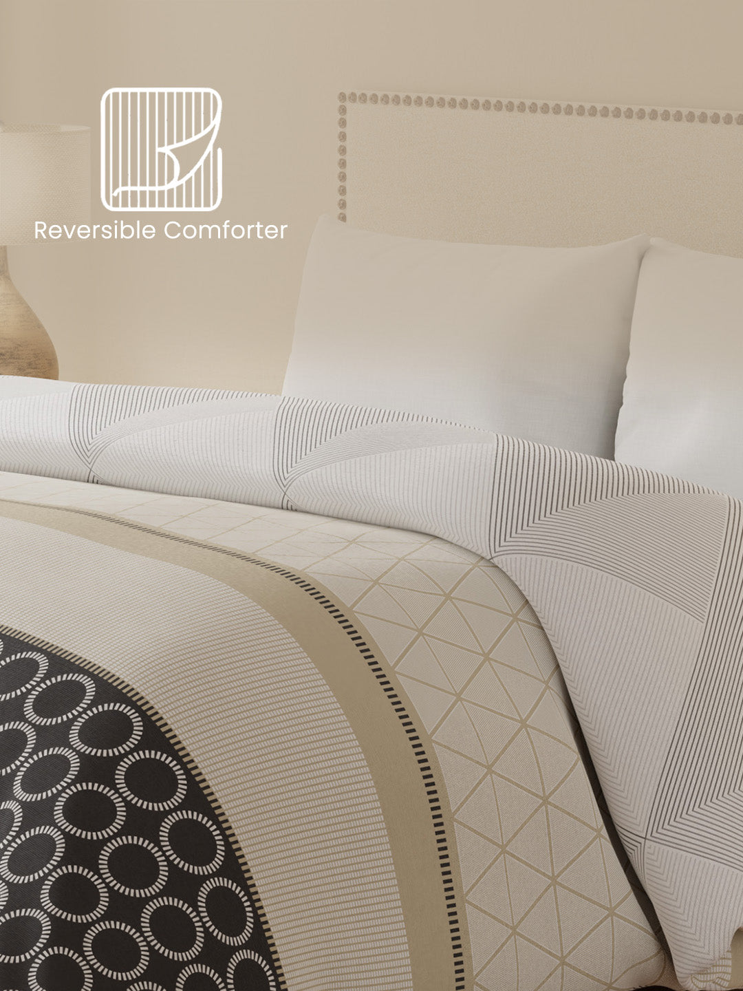 Double Size Reversible Comforter, 100% Cotton Grey Geometric, (2.74 m L x 2.29 m W), For Mild Winter, All Season Valatia Collection