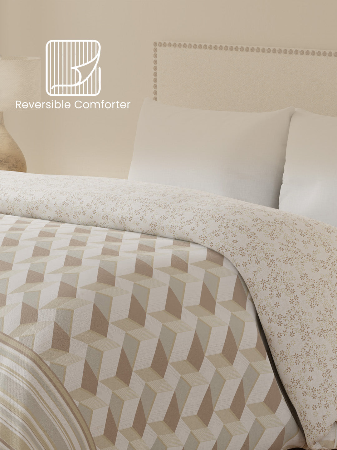 Double Size Reversible Comforter, 100% Cotton Beige Printed, (2.74 m L x 2.29 m W), For Mild Winter, All Season Valatia Collection