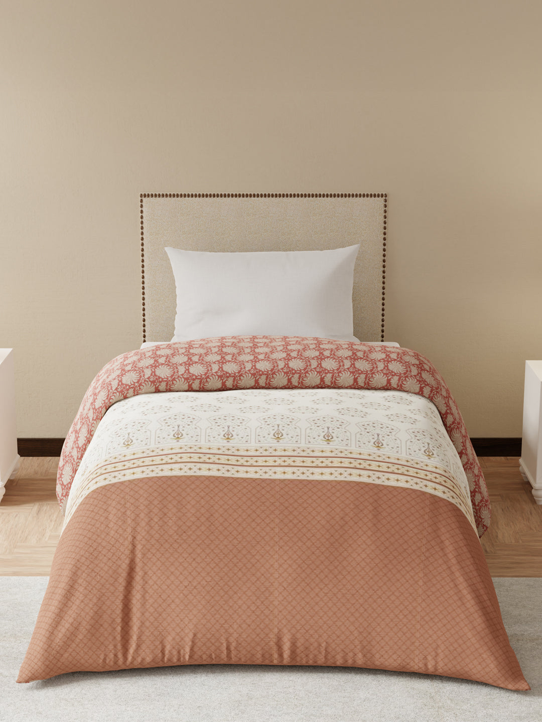 Single Size Reversible Comforter, 100% Cotton Brown Floral, (2.24 m L x 1.52 m W), For Mild Winter, All Season Valatia Collection