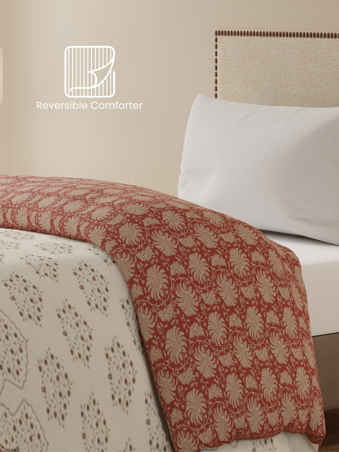Single Size Reversible Comforter, 100% Cotton Brown Floral, (2.24 m L x 1.52 m W), For Mild Winter, All Season Valatia Collection