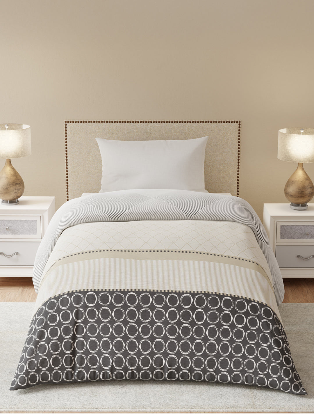 Single Size Reversible Comforter, 100% Cotton Grey Geometric, (2.24 m L x 1.52 m W), For Mild Winter, All Season Valatia Collection