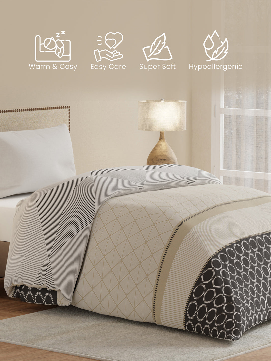 Single Size Reversible Comforter, 100% Cotton Grey Geometric, (2.24 m L x 1.52 m W), For Mild Winter, All Season Valatia Collection