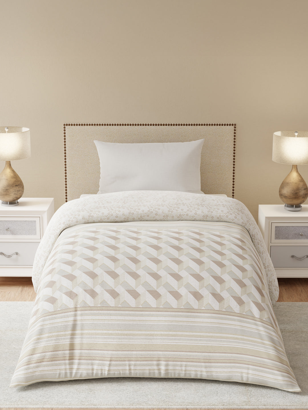 Single Size Reversible Comforter, 100% Cotton Beige Printed, (2.24 m L x 1.52 m W), For Mild Winter, All Season Valatia Collection