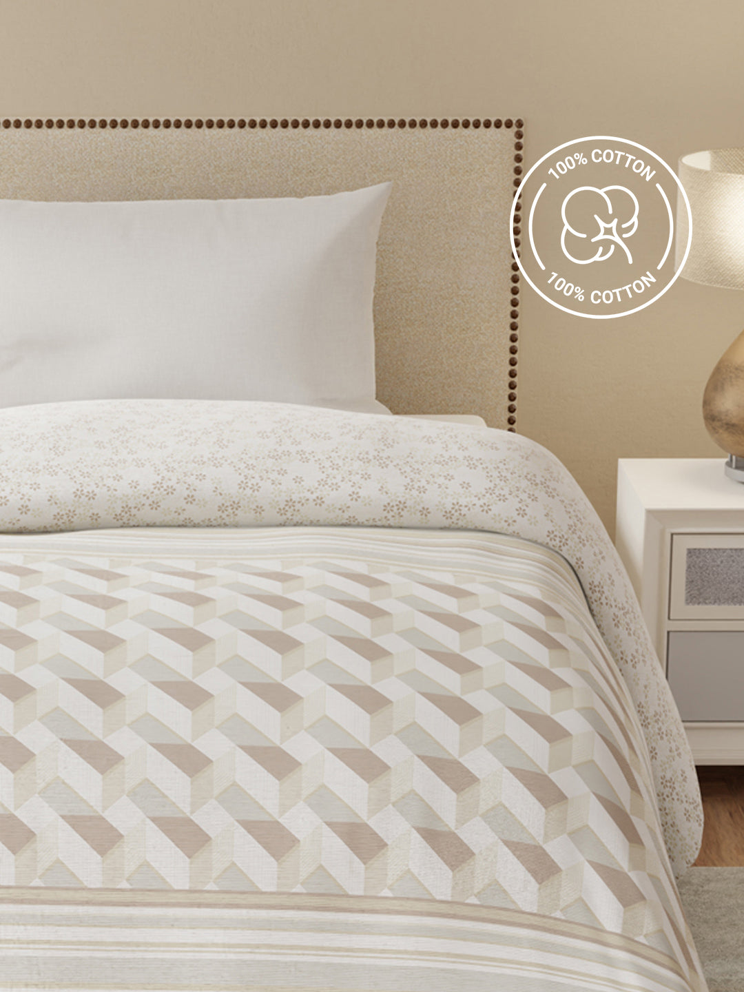 Single Size Reversible Comforter, 100% Cotton Beige Printed, (2.24 m L x 1.52 m W), For Mild Winter, All Season Valatia Collection