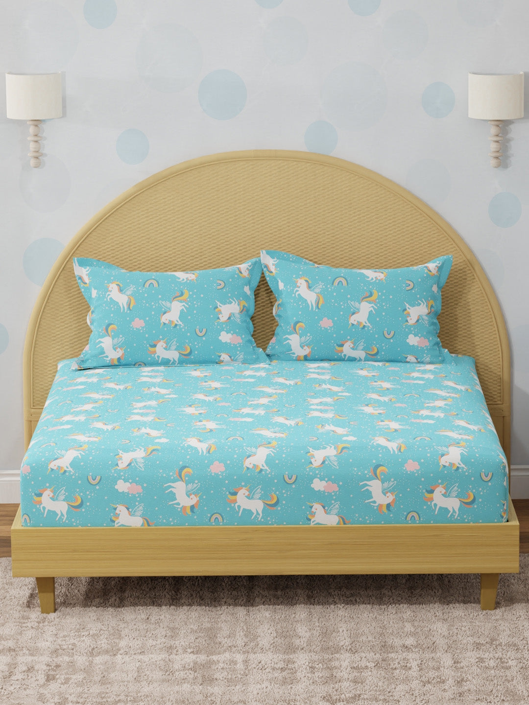 King Fitted Sheet Set for Kids, 100% Cotton 200 TC, Blue Unicorn Printed, Rock N Room