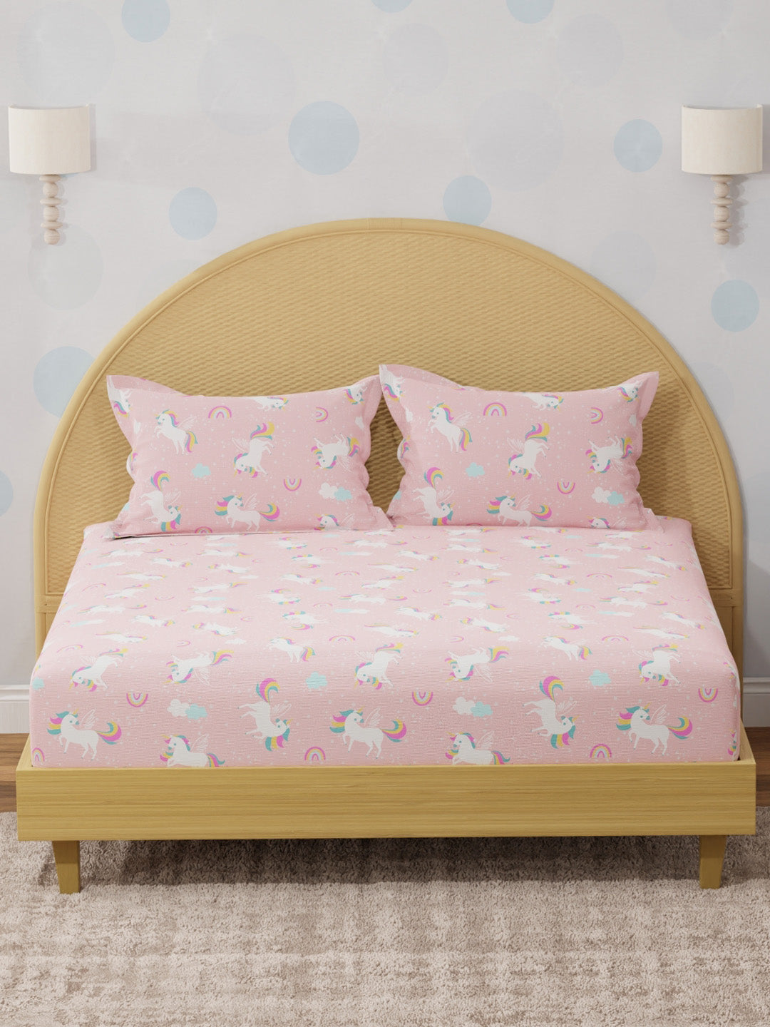 King Fitted Sheet Set for Kids, 100% Cotton 200 TC, Pink Unicorn Printed, Rock N Room