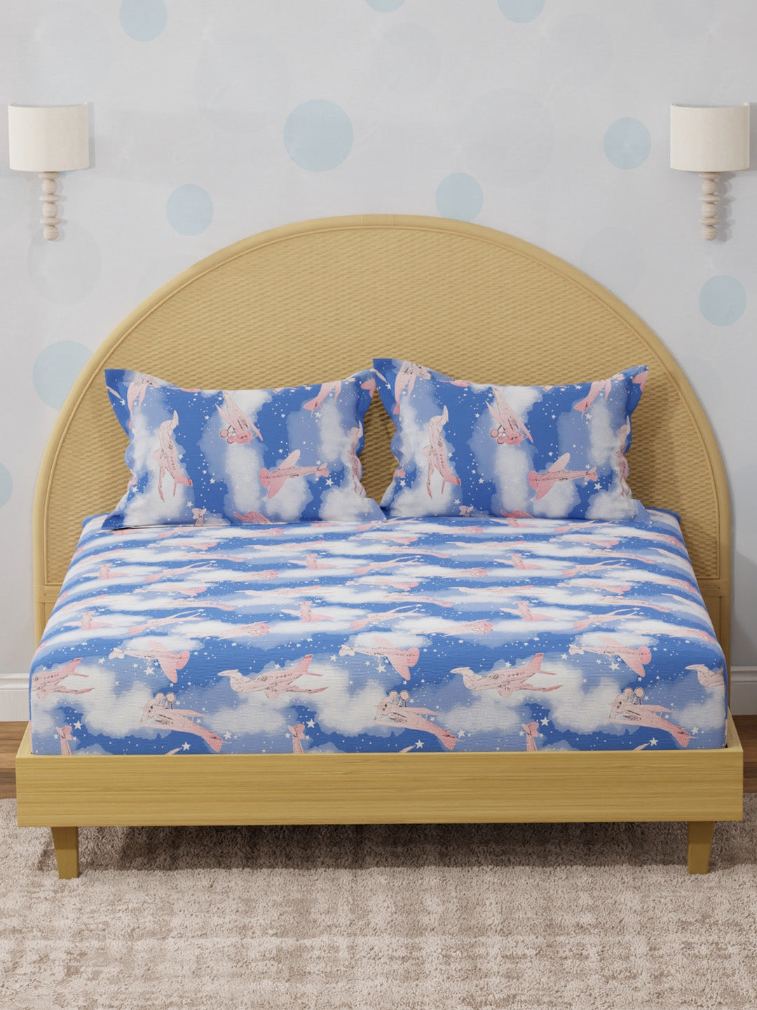 King Fitted Sheet Set for Kids, 100% Cotton 200 TC, Blue Airplane Printed, Rock N Room