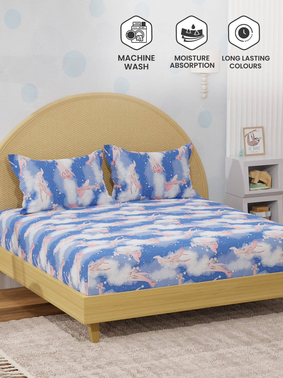 King Fitted Sheet Set for Kids, 100% Cotton 200 TC, Blue Airplane Printed, Rock N Room