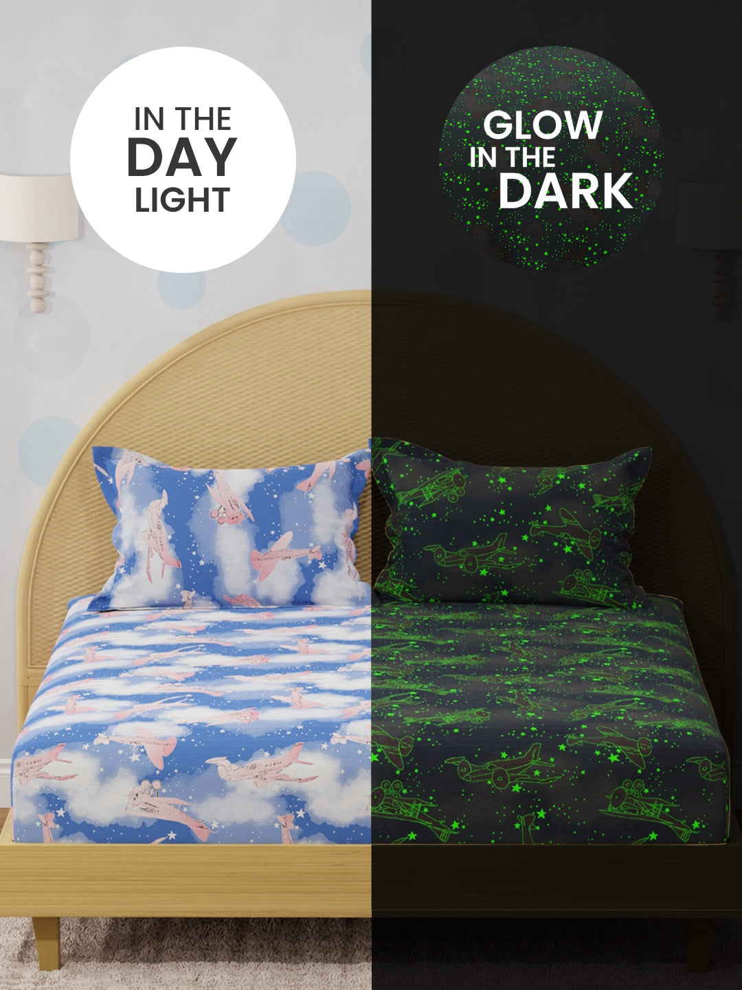 King Fitted Sheet Set for Kids, 100% Cotton 200 TC, Blue Airplane Printed, Rock N Room