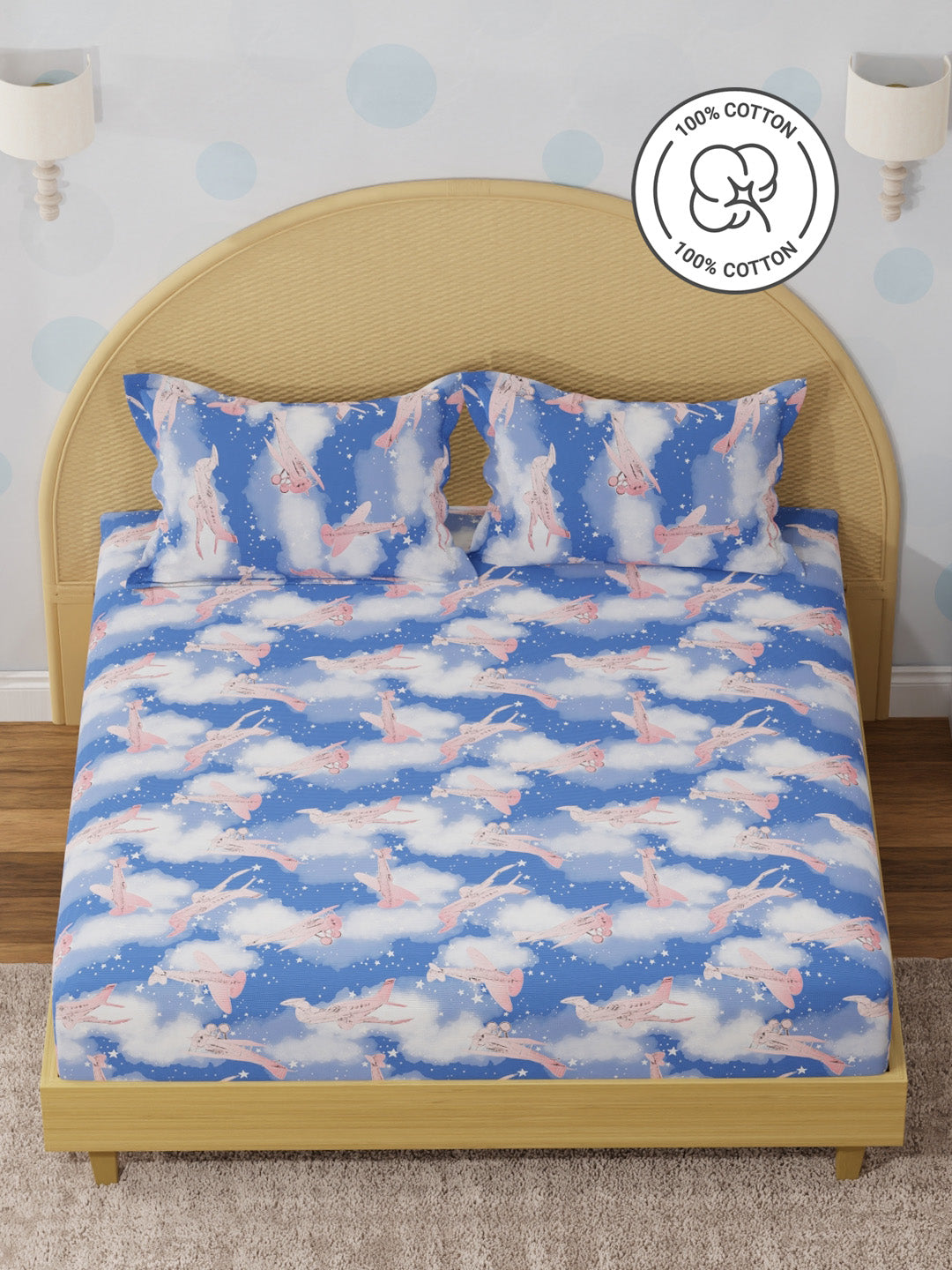 King Fitted Sheet Set for Kids, 100% Cotton 200 TC, Blue Airplane Printed, Rock N Room