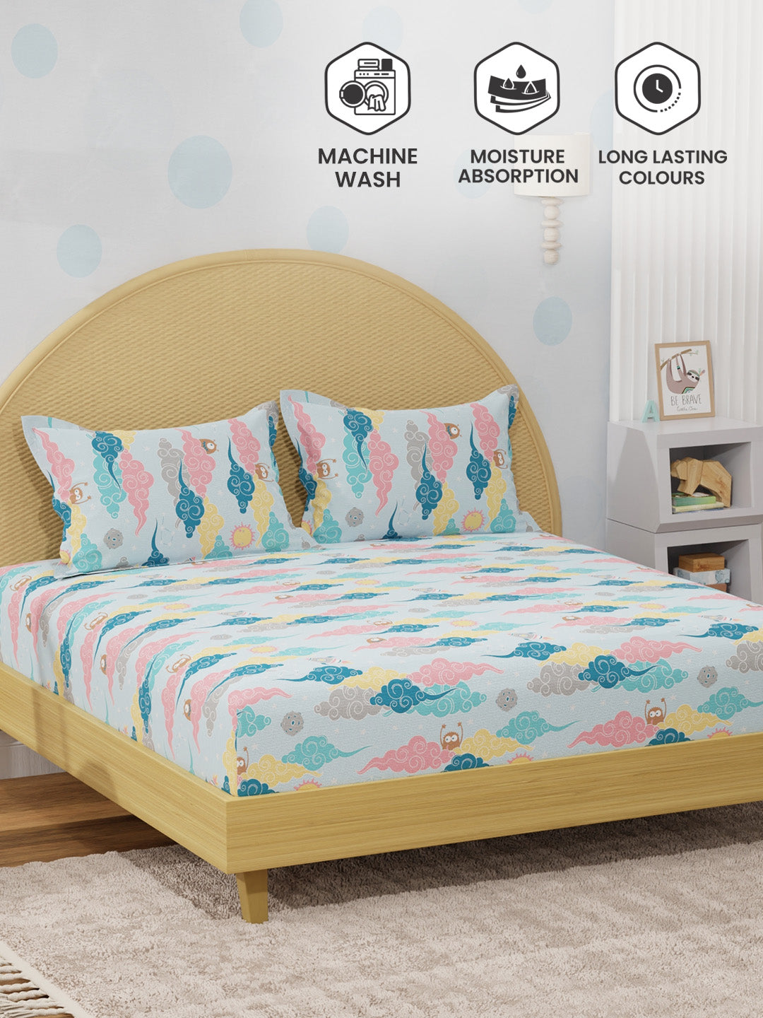 King Fitted Sheet Set for Kids, 100% Cotton 200 TC, Blue Space & Rocket Printed, Rock N Room