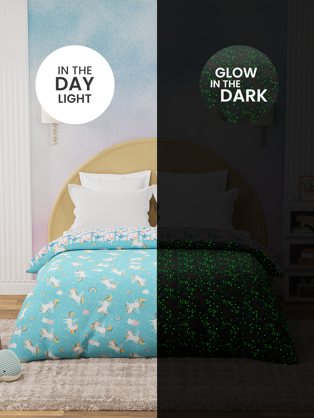 100% Cotton Blue Reversible Double Comforter For Kids, 200 TC Unicorn Print , Rock N Room Collection