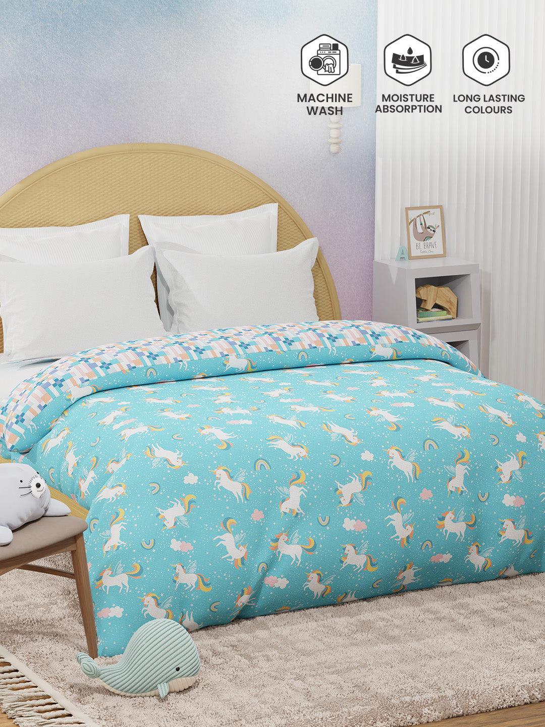 100% Cotton Blue Reversible Double Comforter For Kids, 200 TC Unicorn Print , Rock N Room Collection