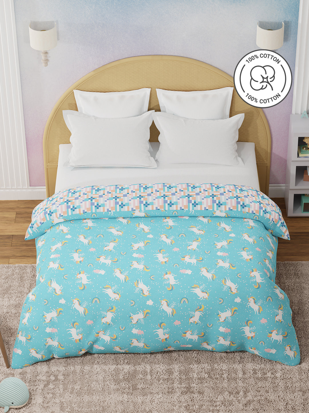 100% Cotton Blue Reversible Double Comforter For Kids, 200 TC Unicorn Print , Rock N Room Collection