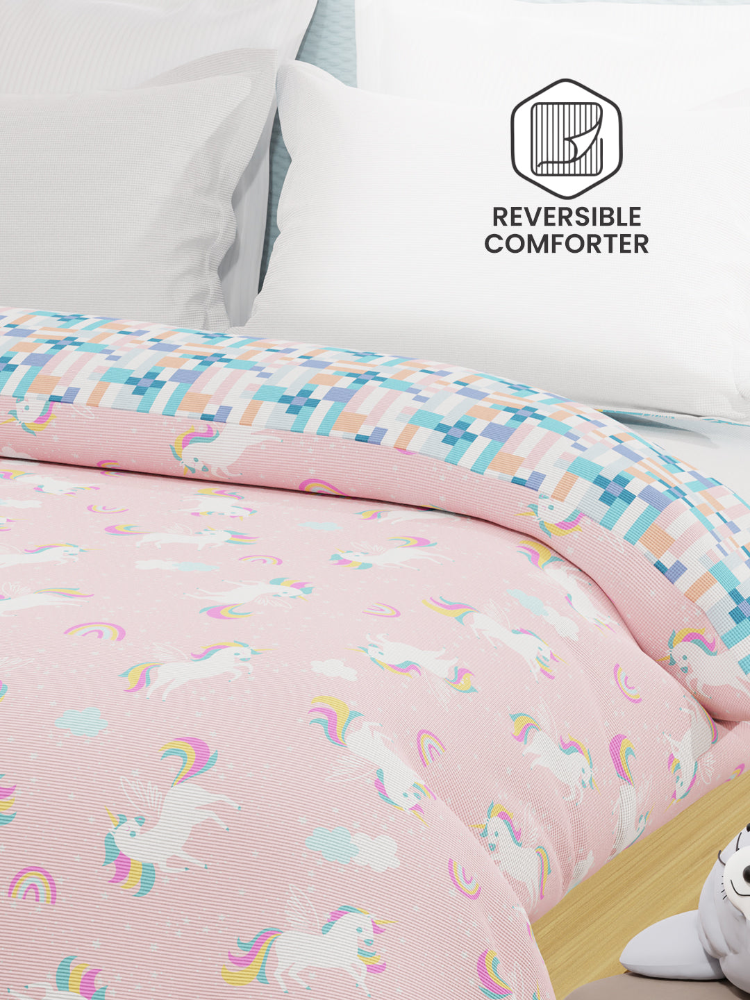100% Cotton Pink Reversible Double Comforter For Kids, 200 TC Unicorn Print, Rock N Room Collection