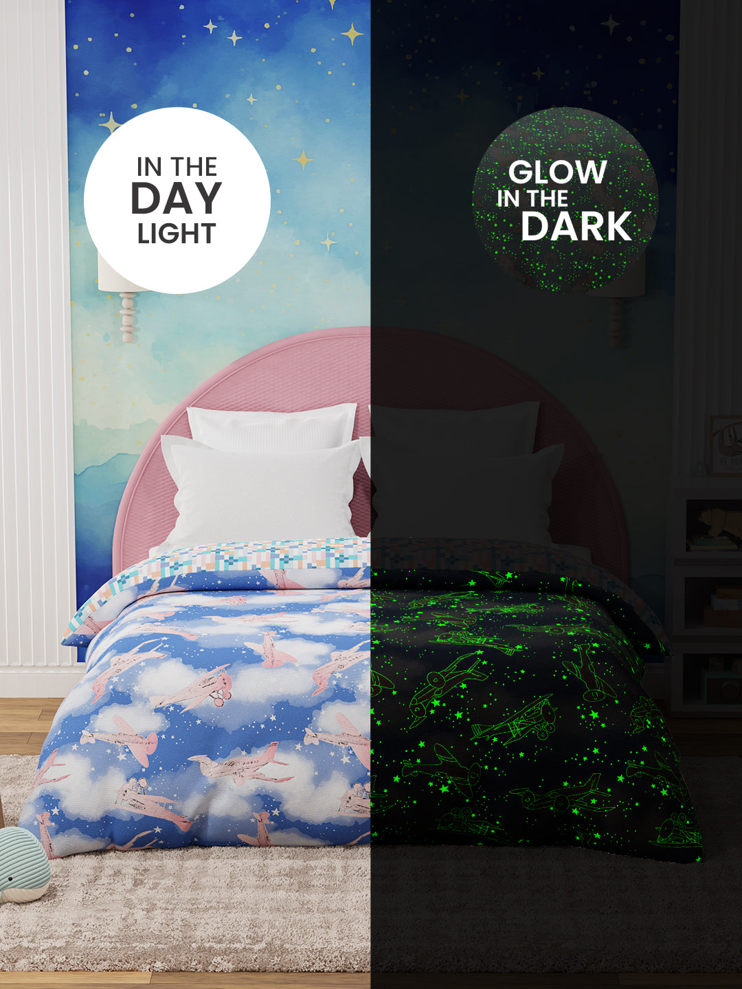 100% Cotton Blue Reversible Double Comforter For Kids, 200 TC Airplane Print, Rock N Room Collection