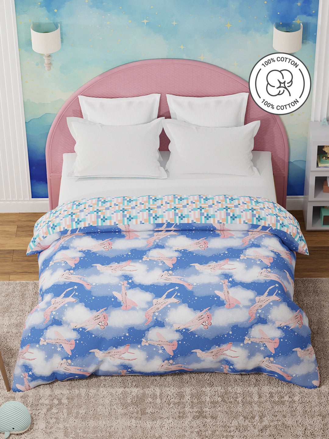 100% Cotton Blue Reversible Double Comforter For Kids, 200 TC Airplane Print, Rock N Room Collection
