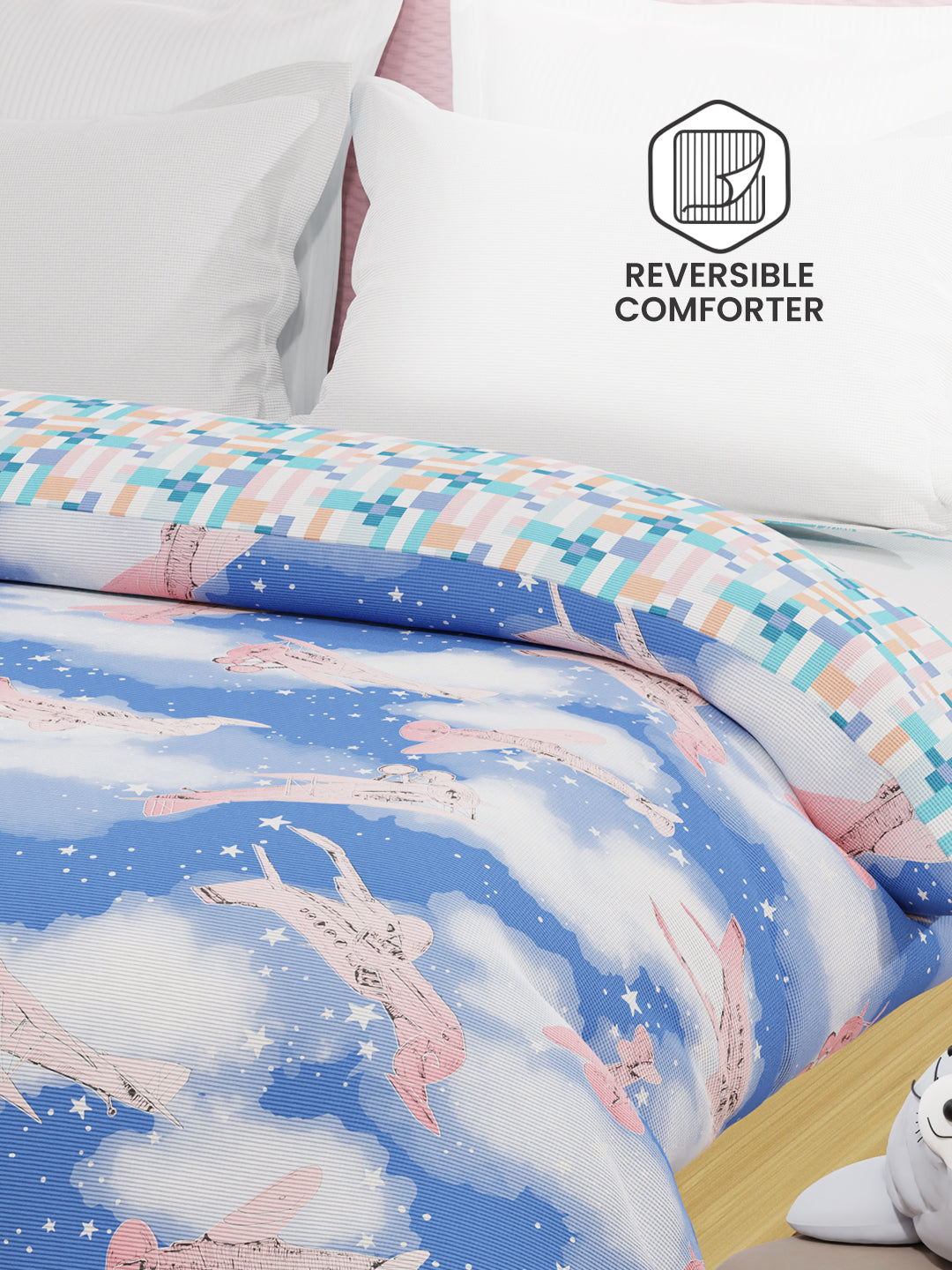 100% Cotton Blue Reversible Double Comforter For Kids, 200 TC Airplane Print, Rock N Room Collection