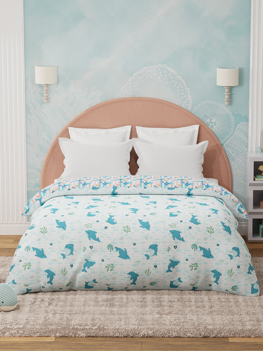 100% Cotton Blue & White Reversible Double Comforter For Kids, 200 TC Dolphin Print, Rock N Room Collection