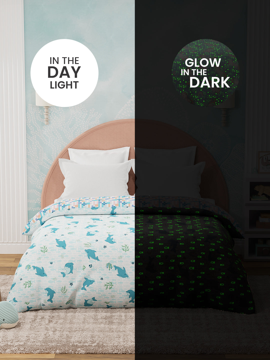 100% Cotton Blue & White Reversible Double Comforter For Kids, 200 TC Dolphin Print, Rock N Room Collection