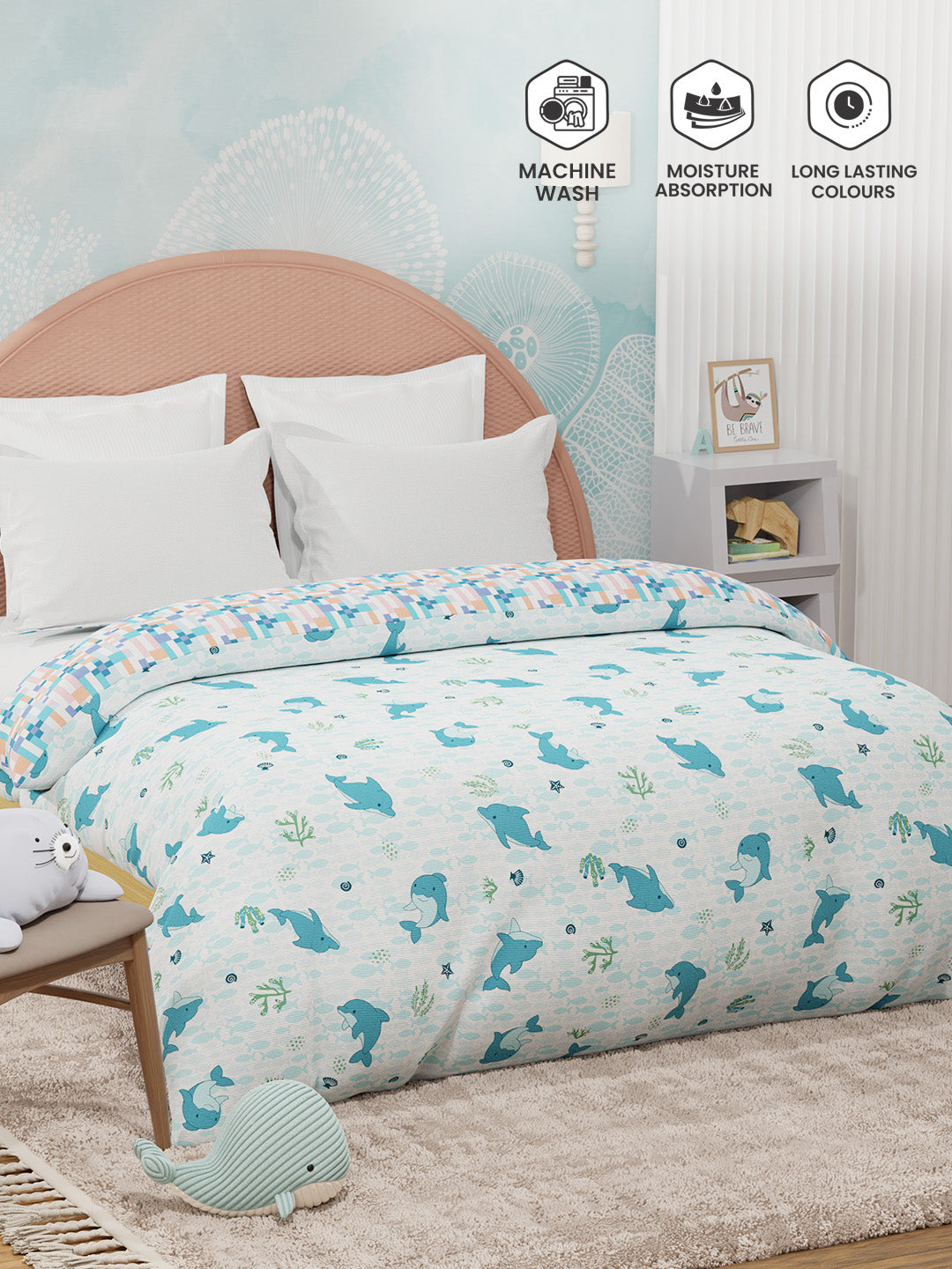 100% Cotton Blue & White Reversible Double Comforter For Kids, 200 TC Dolphin Print, Rock N Room Collection