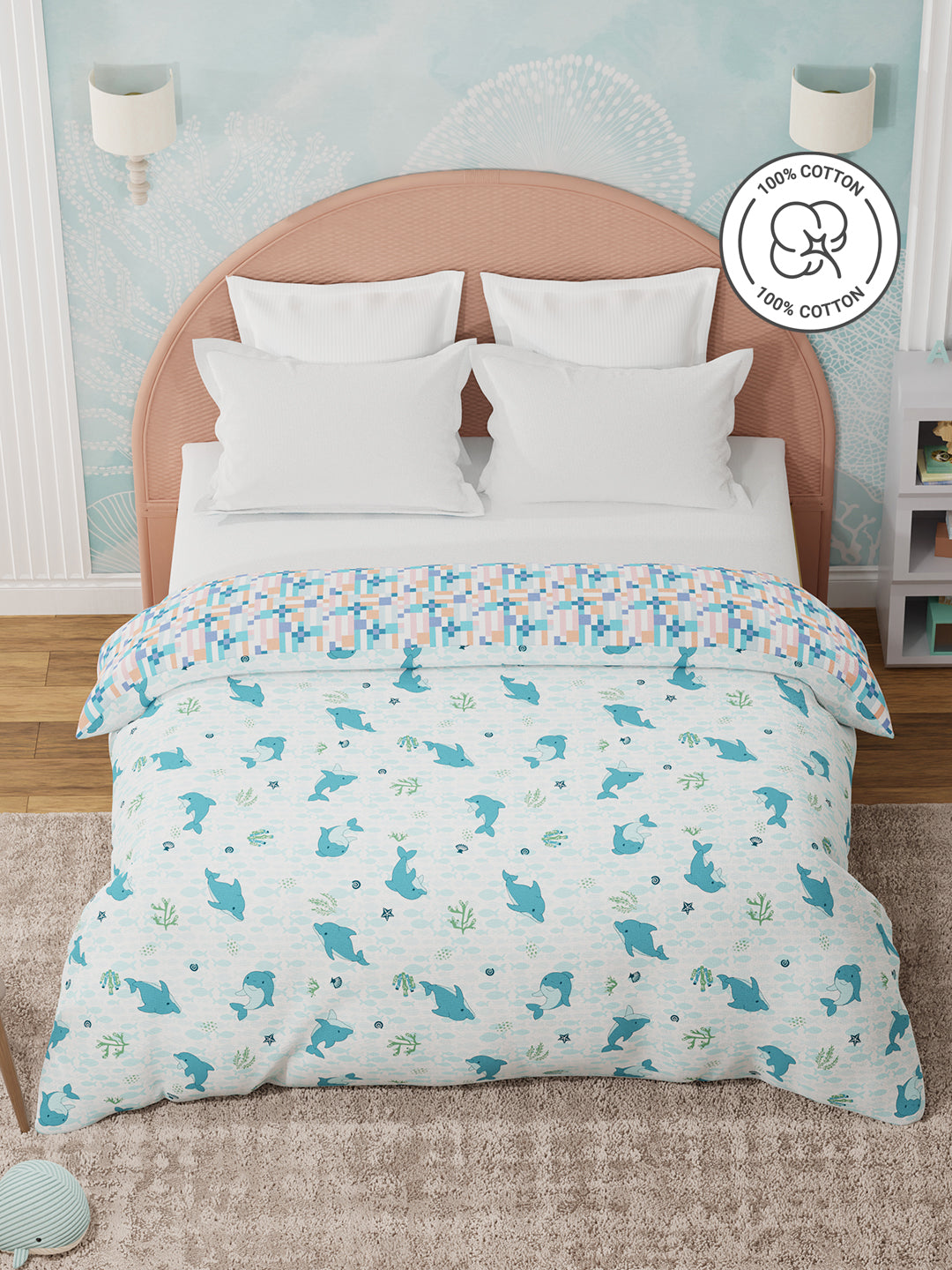100% Cotton Blue & White Reversible Double Comforter For Kids, 200 TC Dolphin Print, Rock N Room Collection