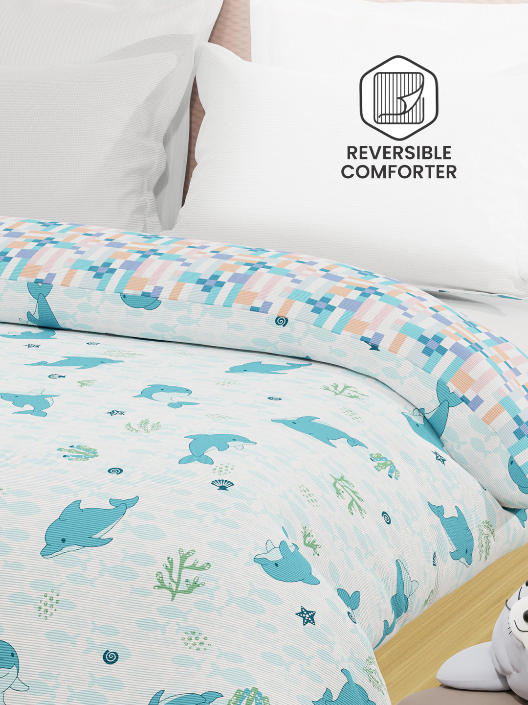 100% Cotton Blue & White Reversible Double Comforter For Kids, 200 TC Dolphin Print, Rock N Room Collection