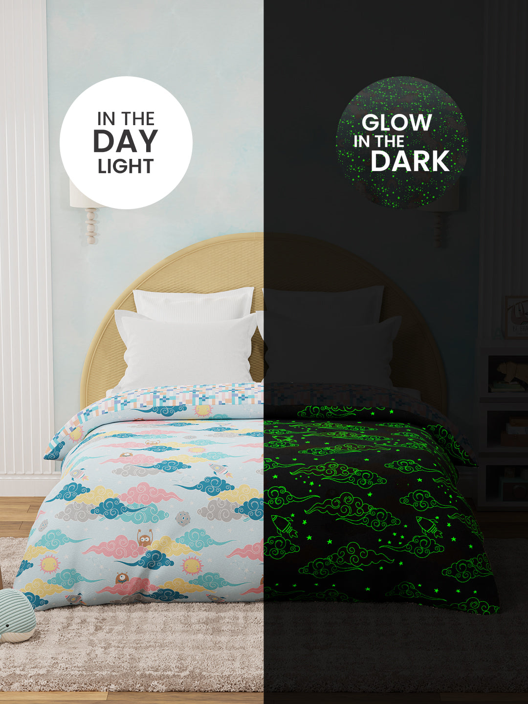 100% Cotton Blue Reversible Double Comforter For Kids, 200 TC Space & Rocket Print, Rock N Room Collection