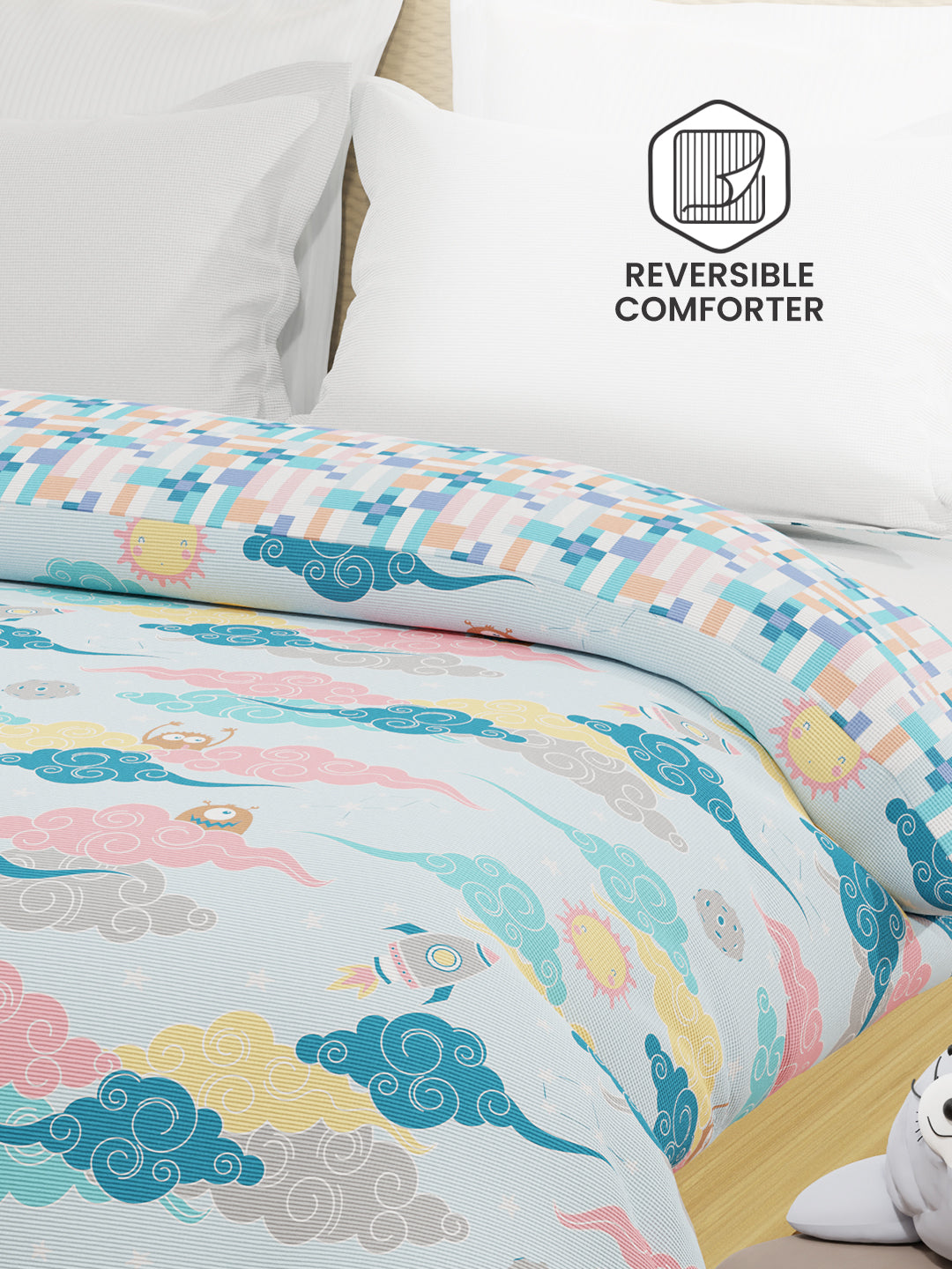 100% Cotton Blue Reversible Double Comforter For Kids, 200 TC Space & Rocket Print, Rock N Room Collection