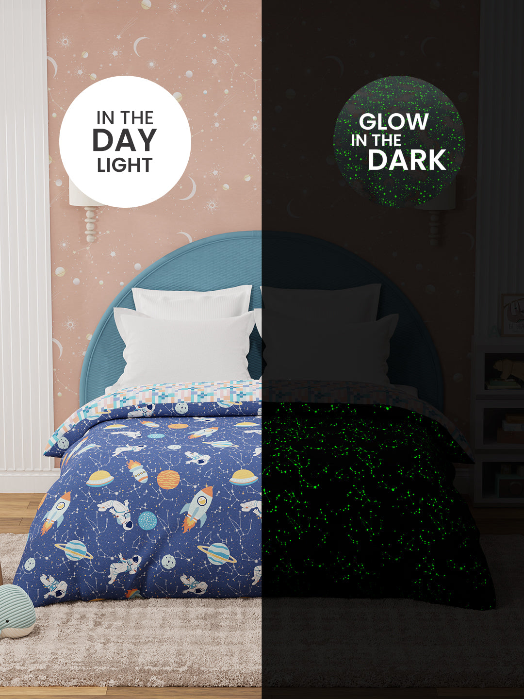 100% Cotton Dark Blue Reversible Double Comforter For Kids, 200 TC Space & Rocket Print, Rock N Room Collection
