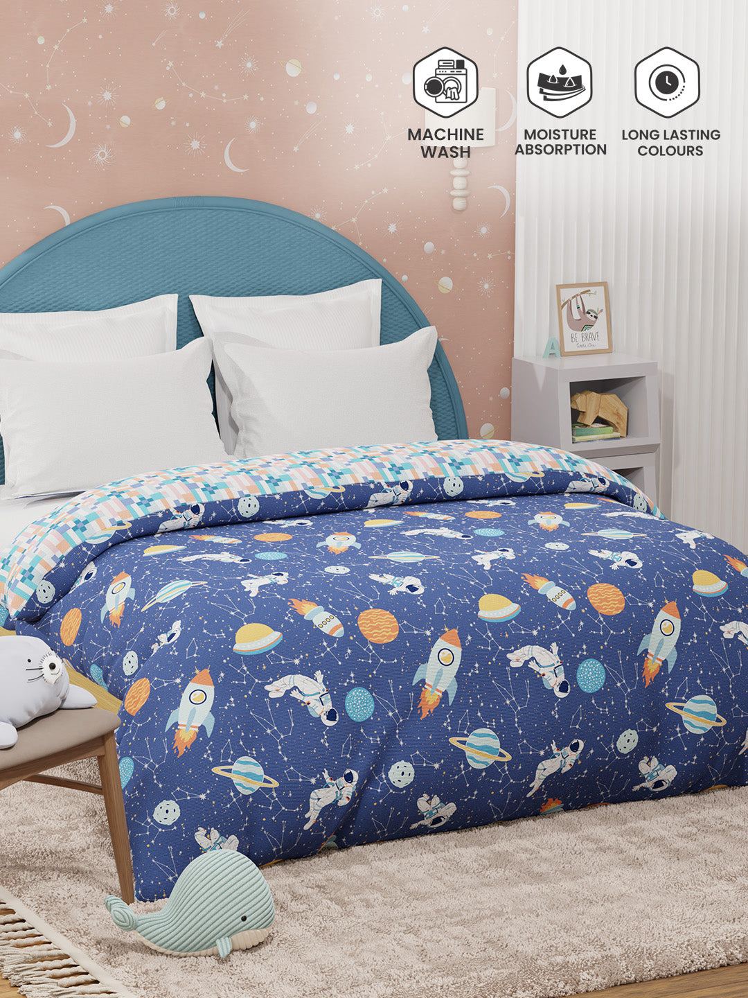 100% Cotton Dark Blue Reversible Double Comforter For Kids, 200 TC Space & Rocket Print, Rock N Room Collection