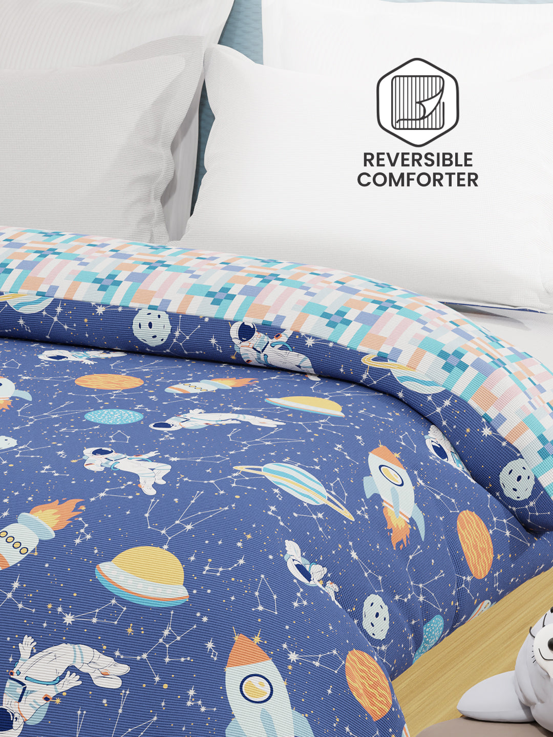 100% Cotton Dark Blue Reversible Double Comforter For Kids, 200 TC Space & Rocket Print, Rock N Room Collection