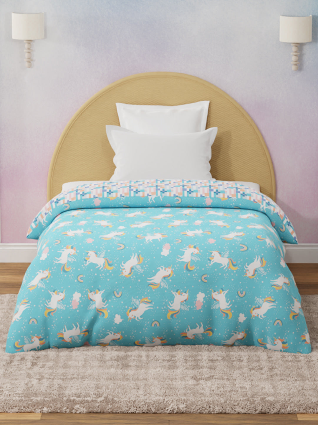 100% Cotton Blue Reversible Single Comforter For Kids, 200 TC Unicorn Print , Rock N Room Collection