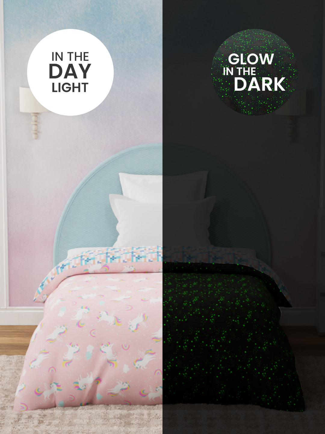 100% Cotton Pink Reversible Single Comforter For Kids, 200 TC Unicorn Print, Rock N Room Collection