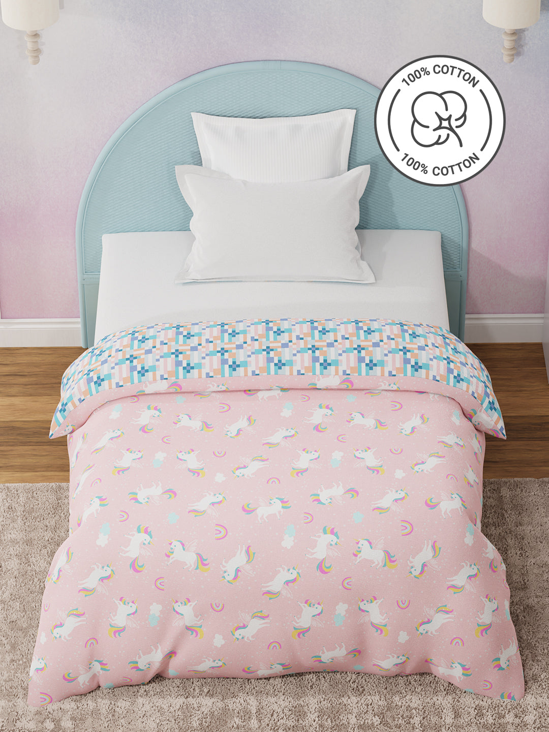 100% Cotton Pink Reversible Single Comforter For Kids, 200 TC Unicorn Print, Rock N Room Collection