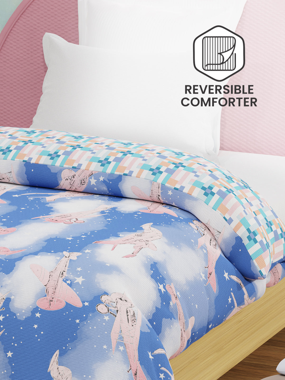 100% Cotton Blue Reversible Single Comforter For Kids, 200 TC Airplane Print, Rock N Room Collection