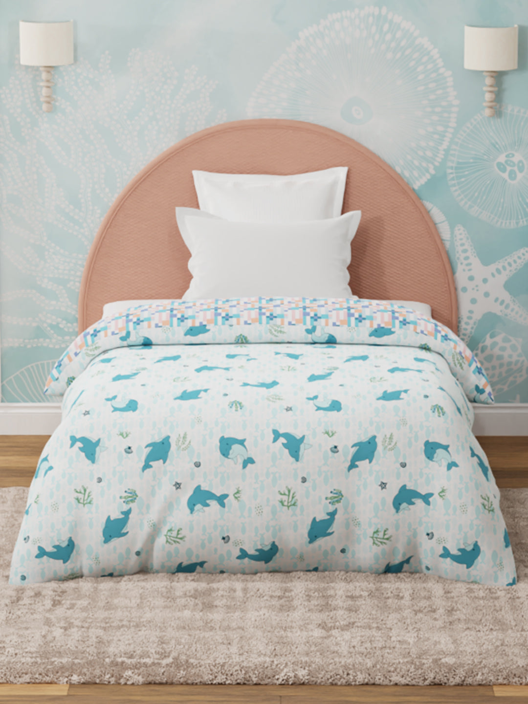 100% Cotton Blue & White Reversible Single Comforter For Kids, 200 TC Dolphin Print, Rock N Room Collection