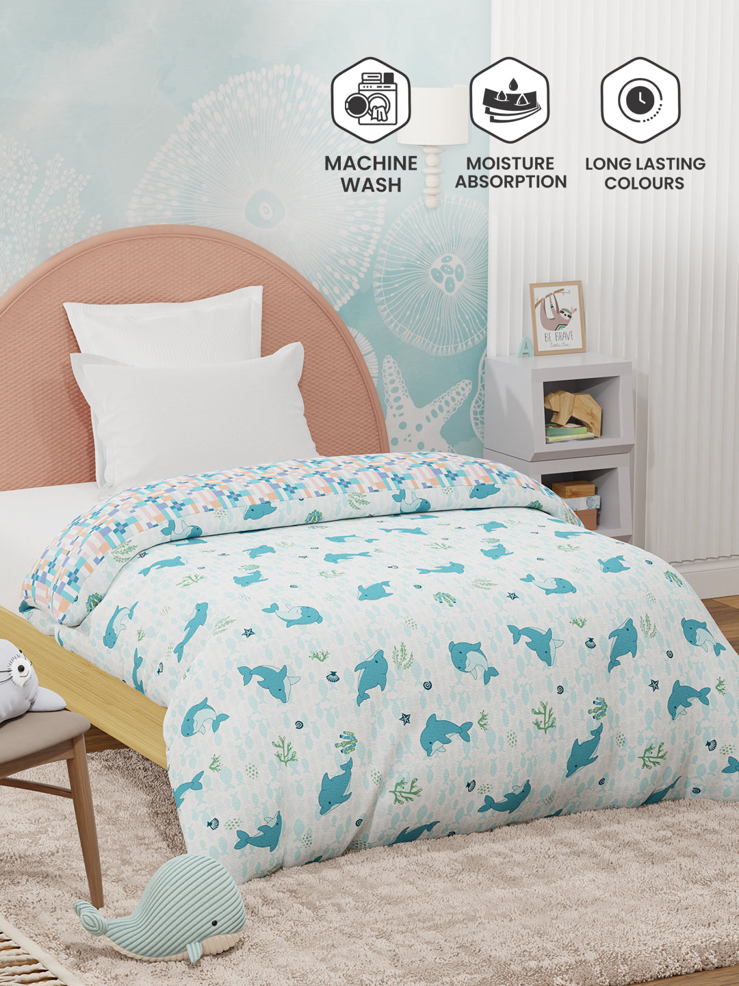 100% Cotton Blue & White Reversible Single Comforter For Kids, 200 TC Dolphin Print, Rock N Room Collection
