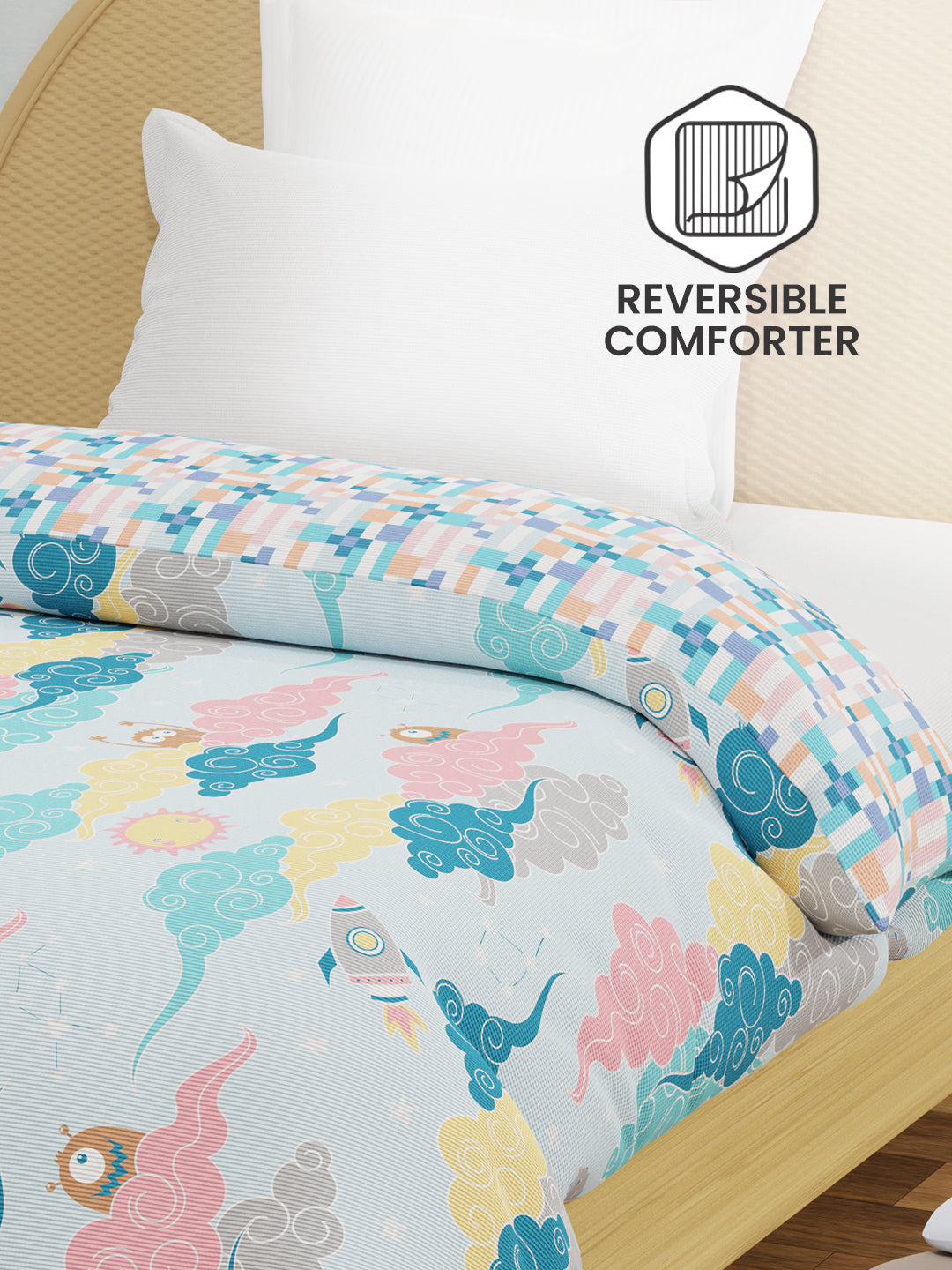 100% Cotton Blue Reversible Single Comforter For Kids, 200 TC Space & Rocket Print, Rock N Room Collection