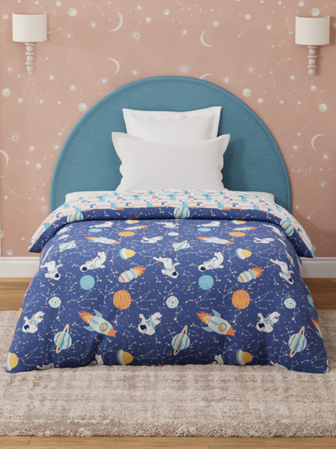 100% Cotton Dark Blue Reversible Single Comforter For Kids, 200 TC Space & Rocket Print, Rock N Room Collection