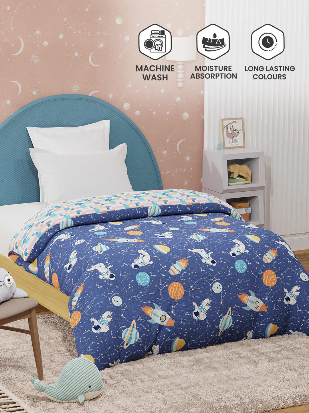 100% Cotton Dark Blue Reversible Single Comforter For Kids, 200 TC Space & Rocket Print, Rock N Room Collection