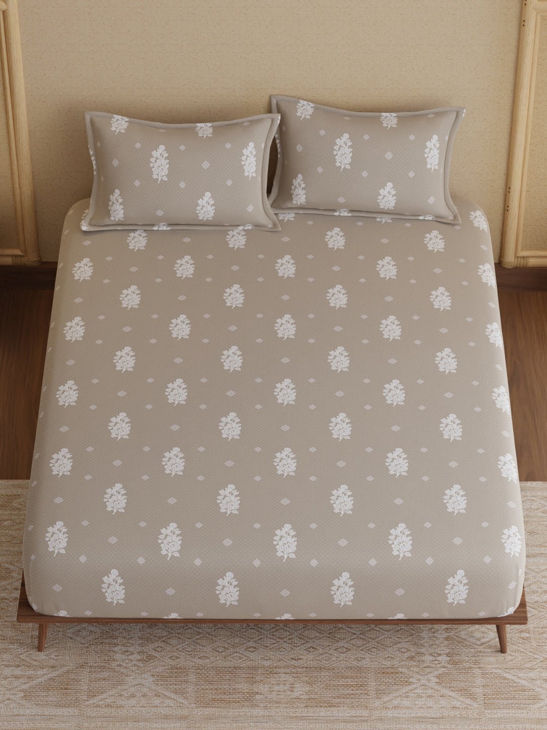 King Bedsheet Set, 100% Kasturi Cotton 200 TC, Grey Printed, Indo Musk