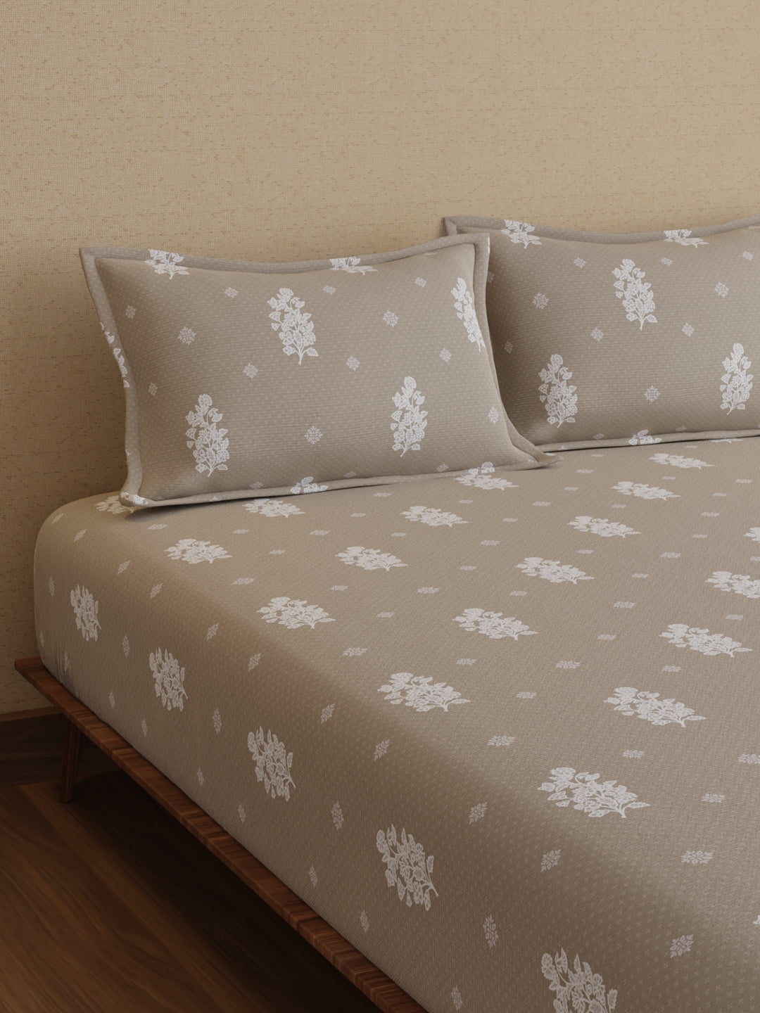 King Bedsheet Set, 100% Kasturi Cotton 200 TC, Grey Printed, Indo Musk